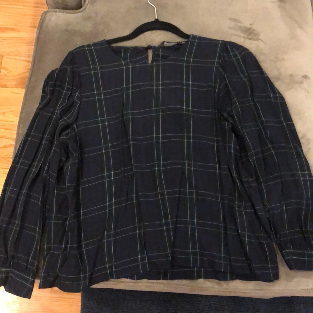 Zara Navy Plaid Long Sleeve Blouse